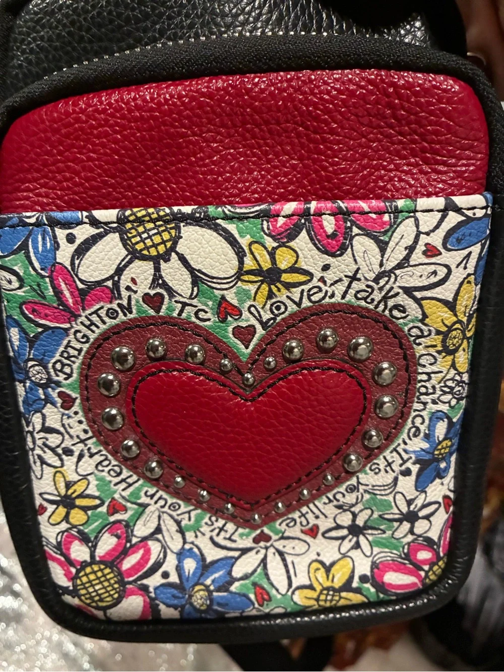 Brighton-Leather Scribble Crossbody Bag in Red, Black and Floral